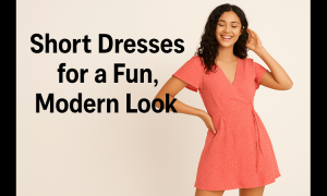 Young woman wearing a stylish short coral dress, smiling confidently against a neutral background – showcasing fun, modern fashion style.