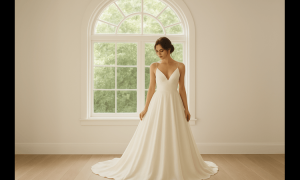 A bride in a flowing pastel gown posing gracefully outdoors, showcasing a classic and timeless engagement photoshoot look.