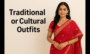 Elegant Indian woman wearing a traditional red saree with gold embroidery, accessorized with gold jewelry, representing cultural and traditional outfits.