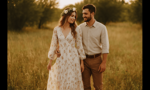 A young couple in boho-inspired outfits posing outdoors in a sunlit field, wearing flowy fabrics and earthy tones that create a natural, romantic photoshoot vibe.