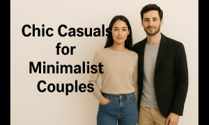 Minimalist couple dressed in chic casual outfits — woman in beige sweater and jeans, man in gray t-shirt with black blazer — posing against a neutral background for a modern, stylish look.