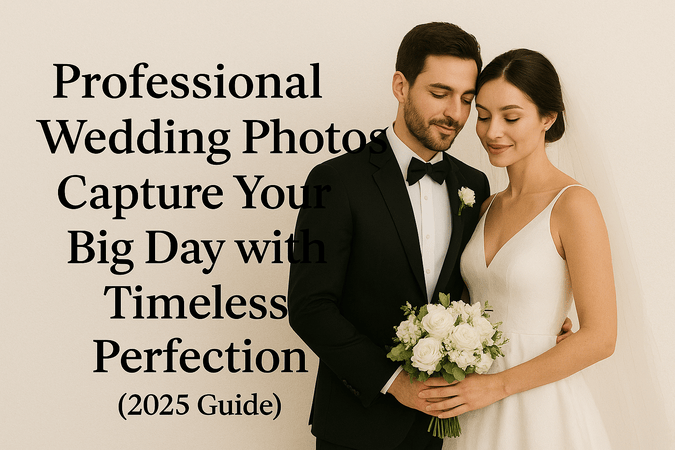Elegant bride and groom posing together — groom in a black tuxedo and bride in a white gown holding a bouquet of white roses — representing professional wedding photography for timeless perfection in 2025.