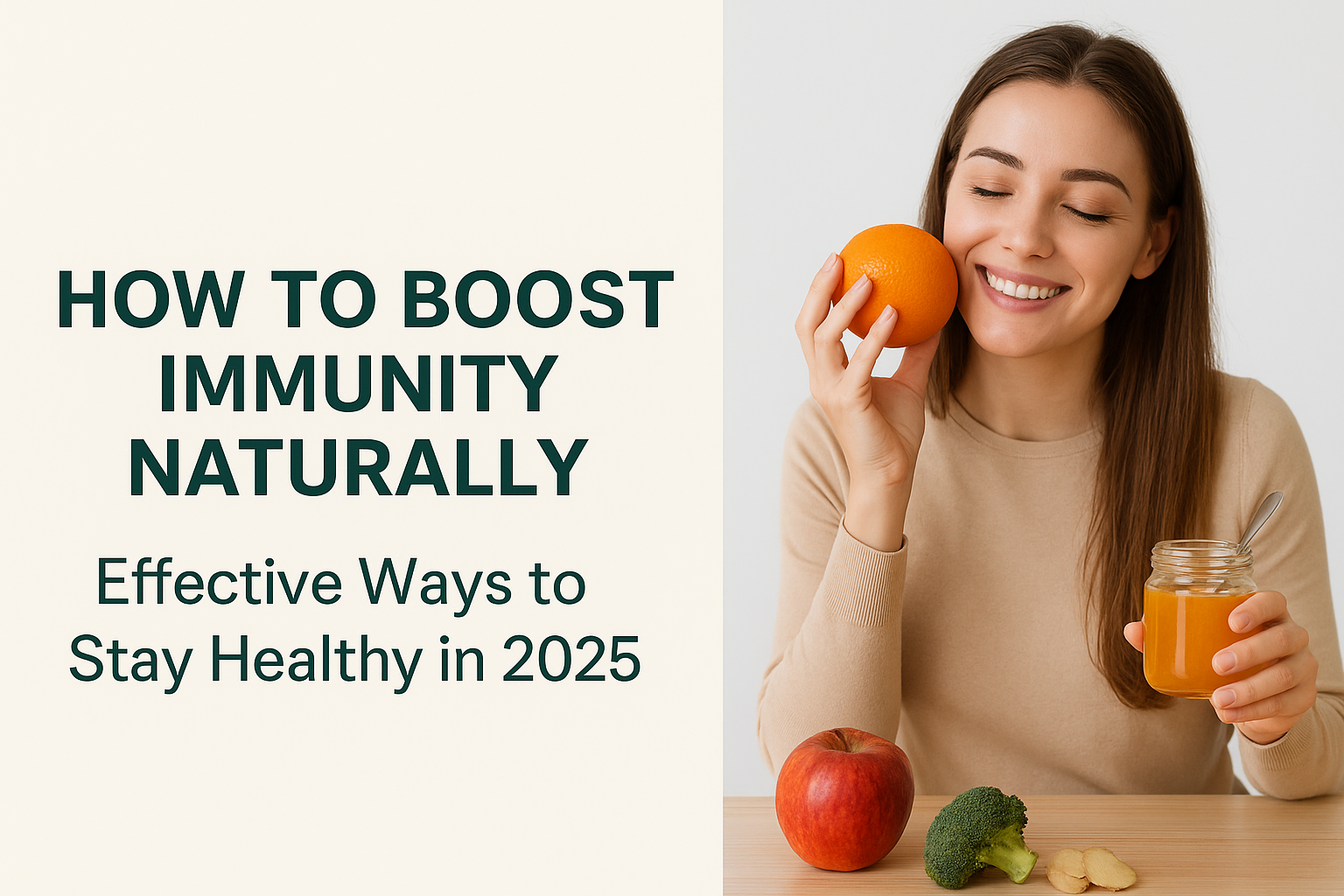 A woman smiling while holding an orange and a jar of juice, with healthy foods like an apple, broccoli, and ginger on the table, alongside the text