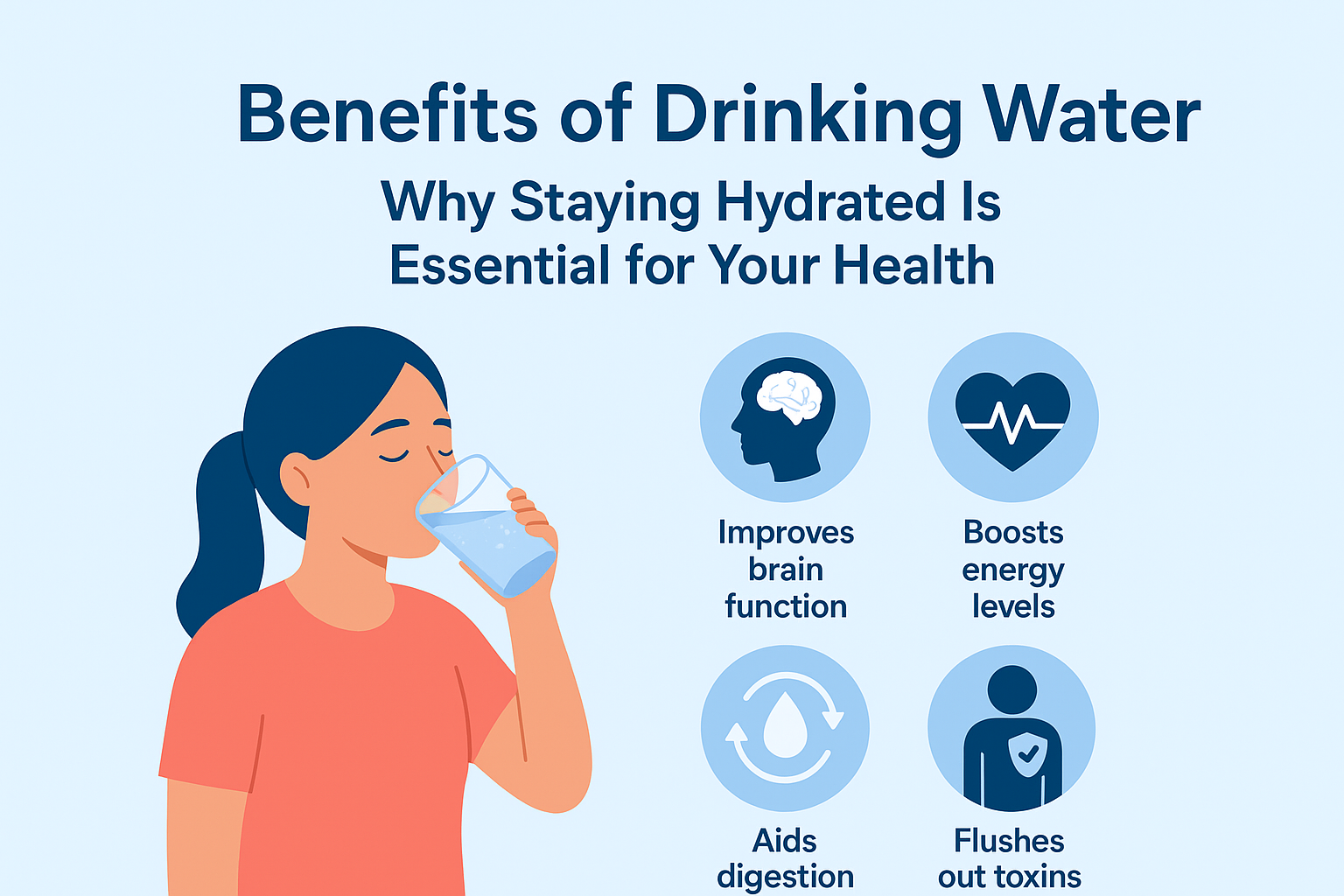 woman drinking water with icons showing benefits: improves brain function, boosts energy, aids digestion, and removes toxins.