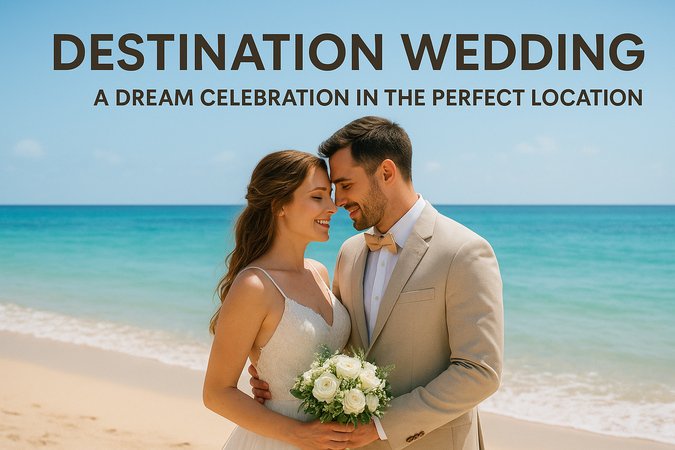 A bride and groom standing on a sunny beach during their destination wedding, smiling and holding a bouquet of white roses with turquoise ocean waves and blue sky in the background.