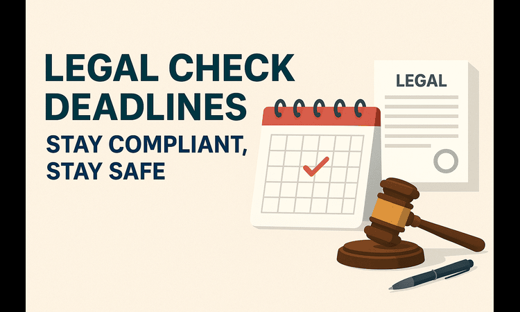 Legal check deadlines banner showing a calendar with checkmark, legal document, gavel, and pen, emphasizing compliance and safety.