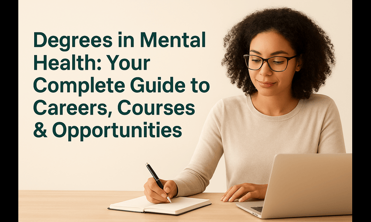 oung woman studying with a laptop and notebook, representing a guide on degrees in mental health, careers, courses, and opportunities.