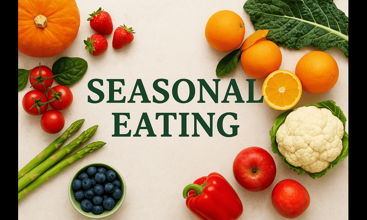 Horizontal layout of fresh seasonal fruits and vegetables including pumpkin, strawberries, oranges, tomatoes, asparagus, blueberries, cauliflower, apples, and bell pepper arranged around the text ‘Seasonal Eating’ on a light background.