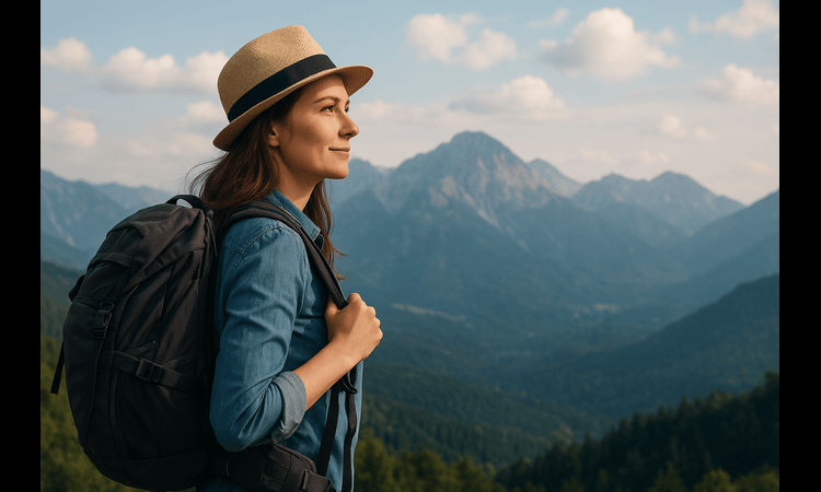 A young woman wearing a hat and backpack stands on a hilltop, smiling while looking at distant mountains under a bright sky, representing a person who loves travelling and exploring new places.