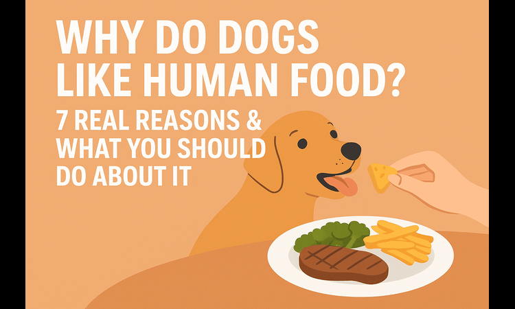 A flat-style illustration of a happy dog reaching toward a table filled with human foods like pizza, salad, and fries, used for a blog titled “Why Do Dogs Like Human Food? 7 Real Reasons & What You Should Do About It.