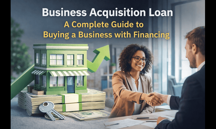 Business acquisition loan concept showing entrepreneur shaking hands with lender, money stack, storefront, and growth arrow representing business financing