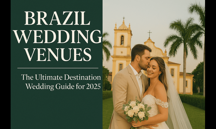 Romantic beach wedding setup in Brazil with elegant floral decorations, ocean backdrop, sunset lighting, and stylish typography displaying the title ‘Brazil Wedding Venues — The Ultimate Destination Wedding Guide for 2025.’