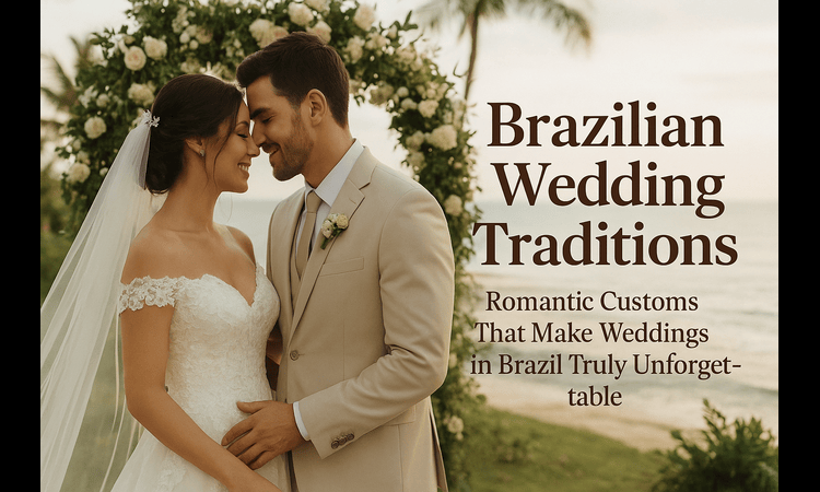 Romantic beach wedding setup in Brazil with elegant floral decorations, ocean backdrop, sunset lighting, and stylish typography displaying the title ‘Brazil Wedding Venues — The Ultimate Destination Wedding Guide for 2025.