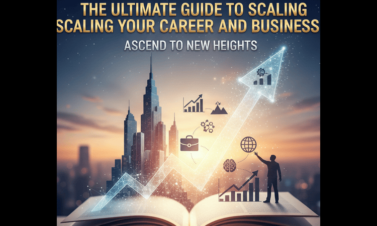 Conceptual illustration showing a professional standing on an open book with a glowing upward arrow, growth charts, and business icons rising toward a modern city skyline, representing scaling your career and business to new heights.