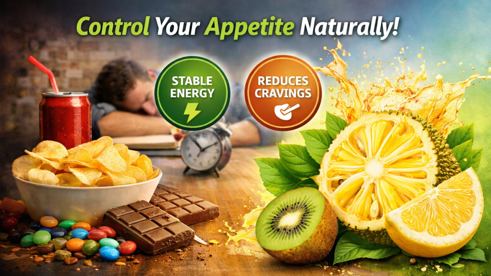 Control your appetite naturally illustration showing reduced cravings, stable energy, unhealthy snacks versus fresh fruits like lemon and kiwi.