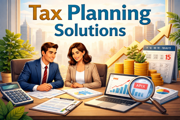 Illustration of a financial advisor consulting clients on tax planning solutions, showing charts, financial documents, a laptop with growth graphs, stacked coins, and an upward arrow symbolizing smart tax strategies and wealth growth.