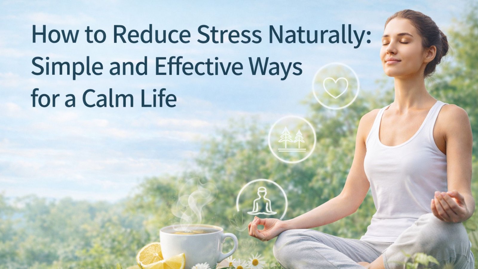 A woman practicing meditation outdoors to reduce stress naturally, promoting calmness, mindfulness, and a healthy lifestyle.