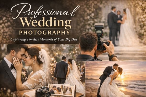 Professional wedding photography banner featuring a bride and groom, photographer in action, sparkler exit, and sunset beach wedding moments.