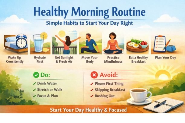Healthy morning routine infographic showing sunrise, hydration, sunlight, exercise, mindfulness, healthy breakfast, and daily planning habits with do’s and avoid lists for a productive start to the day.