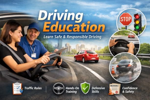 Driving education banner showing a student learning to drive with a professional instructor, highlighting traffic rules, hands-on training, defensive driving skills, and road safety concepts.