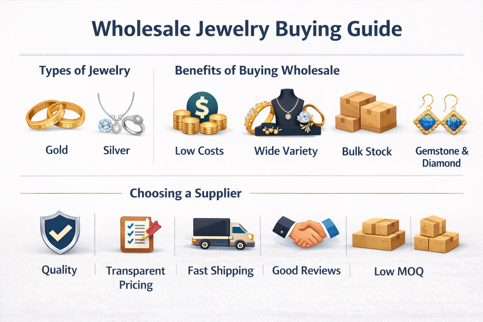 Wholesale jewelry buying guide infographic featuring bulk jewelry types, supplier selection tips, and business benefits.