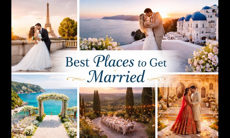 A horizontal collage showing the best places to get married, featuring romantic weddings in Paris, Santorini, Bali, Tuscany, and Jaipur with couples posing at iconic destinations and scenic wedding venues.