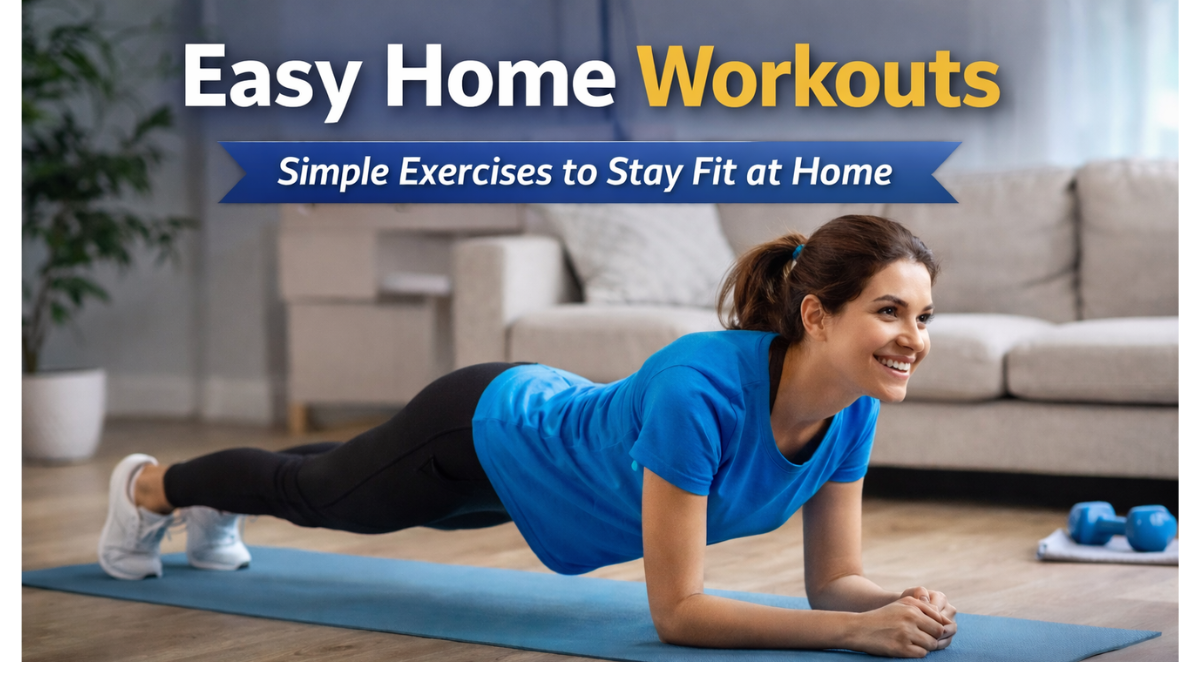 Woman performing an easy home workout plank exercise on a yoga mat in her living room, highlighting beginner-friendly, no-equipment exercises to stay fit at home.