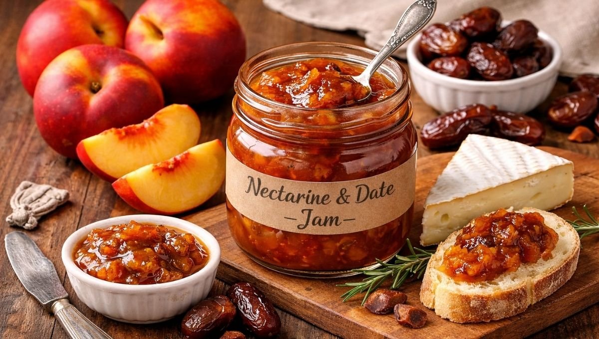 Nectarine and date jam in a glass jar served with fresh nectarines, dates, bread, and cheese on a rustic wooden table.