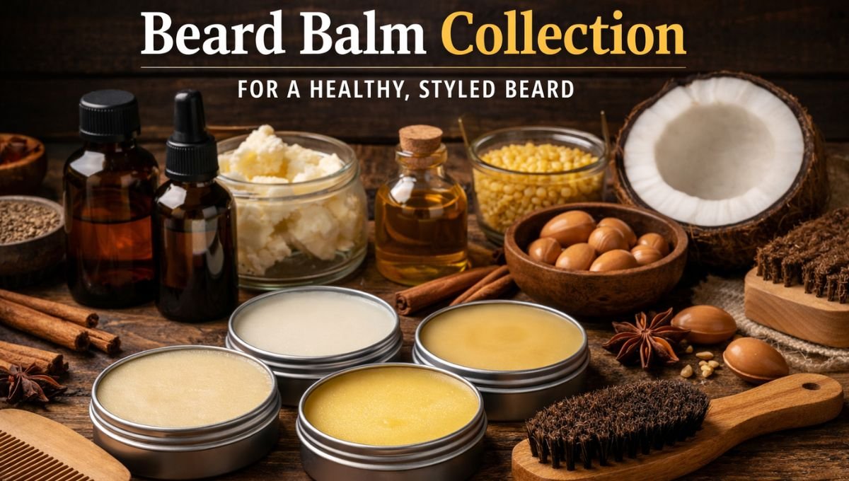 Beard balm collection with natural ingredients, grooming brush, comb, and tins for healthy, styled beard care.
