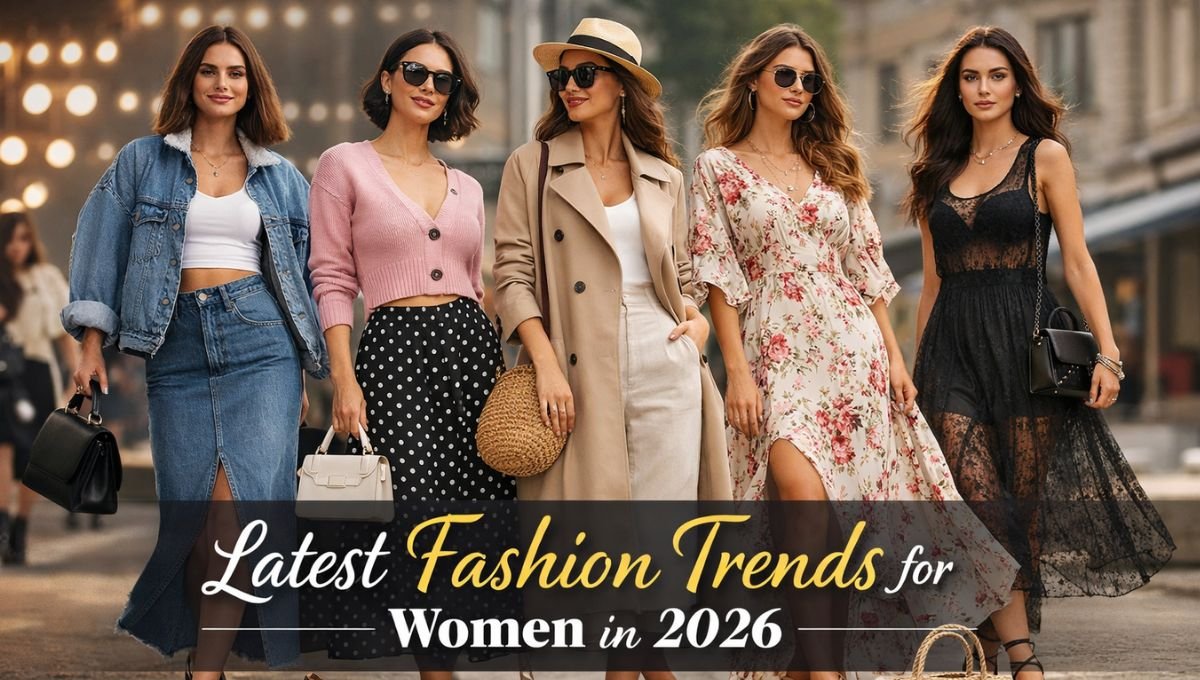 Latest women’s fashion trends 2026 featuring stylish outfits like denim skirts, floral dresses, cardigans, trench coats, and modern accessories in a street-style look.