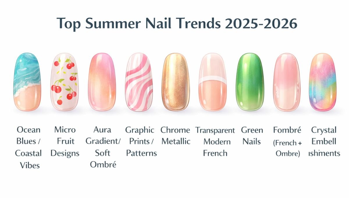 Top summer nail trends 2025–2026 featuring ocean blues, micro fruit designs, aura gradient, graphic prints, chrome metallic, transparent French, green nails, fombré, and crystal embellishments.