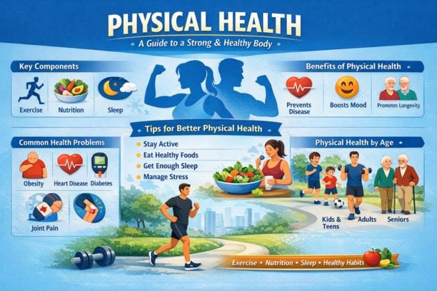 Physical health infographic highlighting exercise, nutrition, sleep, and healthy habits.