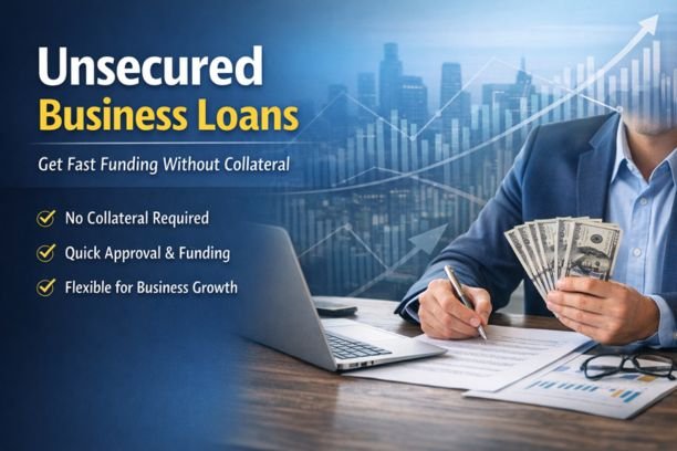 Unsecured business loans banner showing a businessman holding cash and signing documents, highlighting fast funding without collateral, quick approval, and flexible business growth.