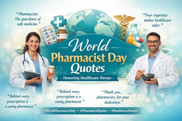 World Pharmacist Day quotes image featuring male and female pharmacists with medical symbols, celebrating healthcare heroes and honoring pharmacists’ role in patient safety.