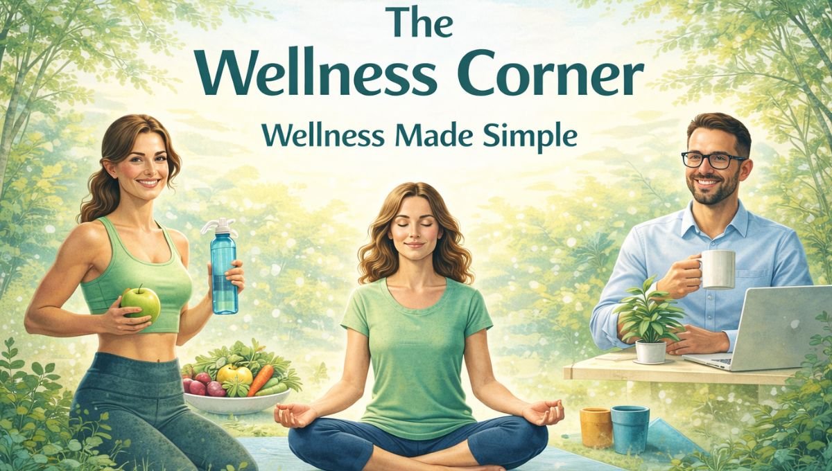 Natural-looking people practicing wellness activities outdoors, including meditation, healthy eating, and mindful work, representing The Wellness Corner and balanced, healthy living.