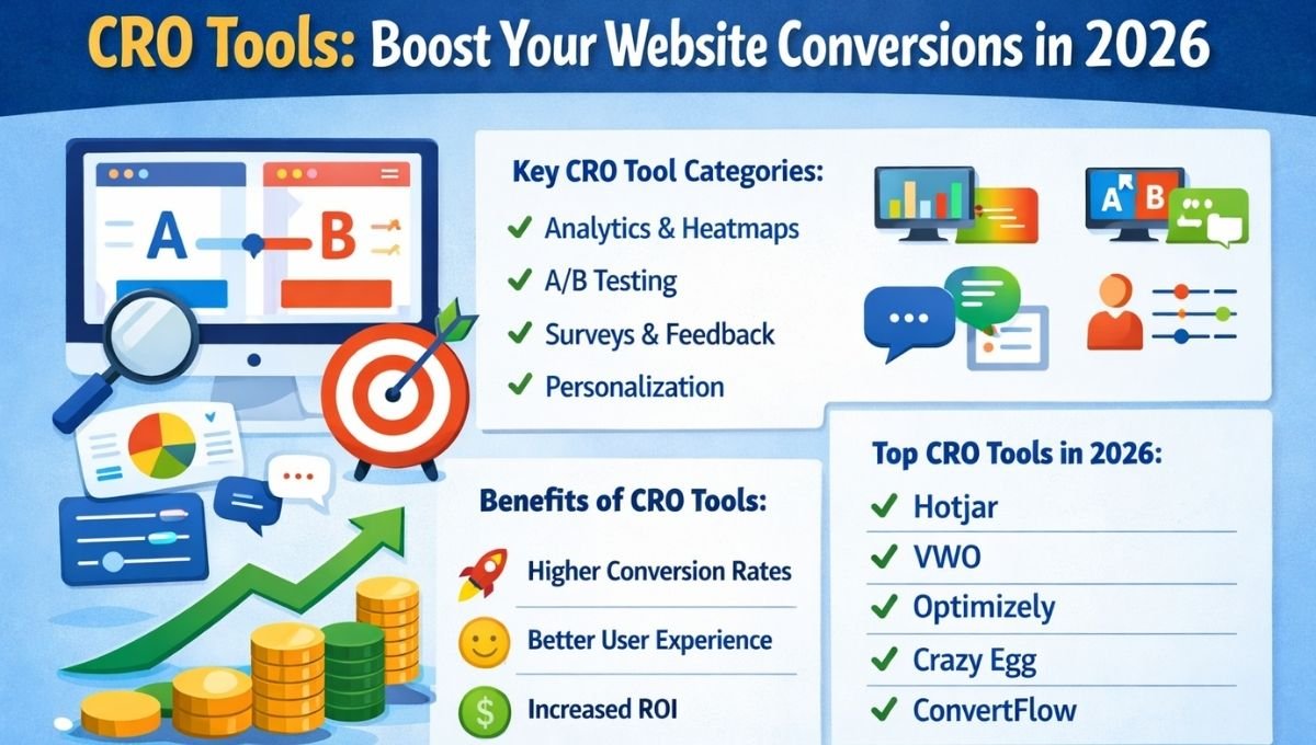 Horizontal infographic showing CRO tools for boosting website conversions, including A/B testing, heatmaps, analytics, user feedback, and personalization, with icons, charts, growth arrows, and a list of top CRO tools like Hotjar, VWO, Optimizely, Crazy Egg, and ConvertFlow.