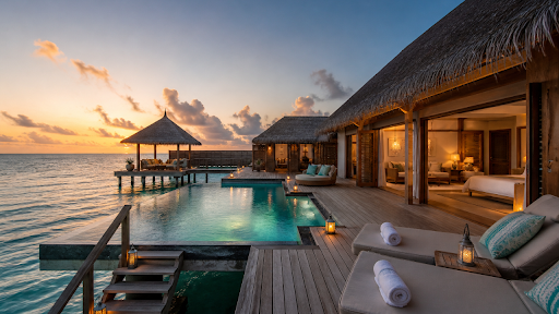 Luxury boutique overwater villa with private pool and ocean view at sunset